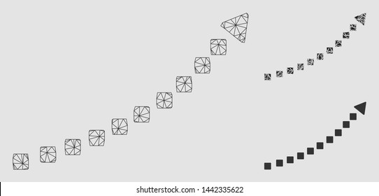Mesh dotted growth trend model with triangle mosaic icon. Wire frame polygonal mesh of dotted growth trend. Vector mosaic of triangle parts in variable sizes and color tints.