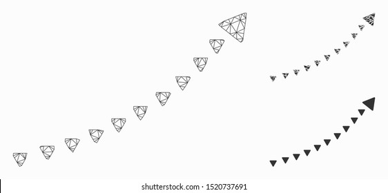 Mesh dotted growth trend model with triangle mosaic icon. Wire frame triangular mesh of dotted growth trend. Vector collage of triangle elements in various sizes, and color tones.