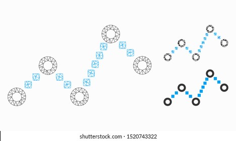 Mesh dotted line model with triangle mosaic icon. Wire carcass triangular mesh of dotted line. Vector composition of triangle parts in different sizes, and color hues. Abstract flat mesh dotted line,