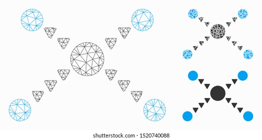 Mesh dotted links model with triangle mosaic icon. Wire carcass polygonal mesh of dotted links. Vector mosaic of triangle parts in different sizes, and color shades. Abstract flat mesh dotted links,
