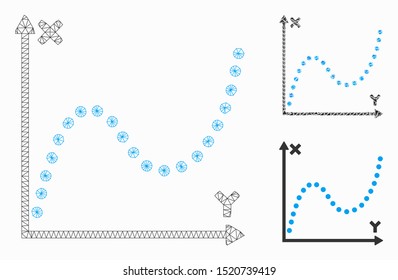 Mesh dotted plot model with triangle mosaic icon. Wire carcass polygonal mesh of dotted plot. Vector composition of triangle parts in various sizes, and color tinges. Abstract 2d mesh dotted plot,