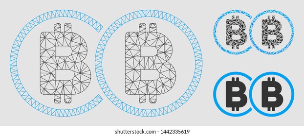 Mesh double Bitcoin model with triangle mosaic icon. Wire frame polygonal network of double Bitcoin. Vector mosaic of triangle parts in variable sizes and color tints. Abstract 2d mesh double Bitcoin,