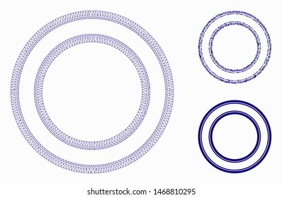 Mesh double circle frame model with triangle mosaic icon. Wire frame polygonal mesh of double circle frame. Vector mosaic of triangle elements in various sizes, and color tinges.
