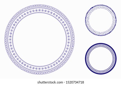 Mesh double circular star frame model with triangle mosaic icon. Wire carcass triangular mesh of double circular star frame. Vector mosaic of triangles in variable sizes, and color shades.