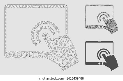 Mesh double click tablet model with triangle mosaic icon. Wire frame polygonal network of double click tablet. Vector mosaic of triangle elements in different sizes and color tinges.