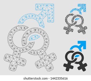 Mesh double mistress model with triangle mosaic icon. Wire frame triangular mesh of double mistress. Vector mosaic of triangle parts in various sizes and color hues. Abstract 2d mesh double mistress,