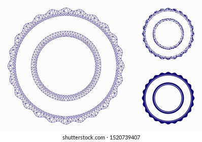 Mesh double rosette circular frame model with triangle mosaic icon. Wire frame polygonal mesh of double rosette circular frame. Vector mosaic of triangle parts in different sizes, and color hues.