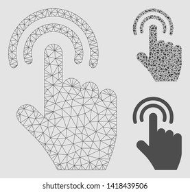 Mesh double tap model with triangle mosaic icon. Wire carcass triangular network of double tap. Vector mosaic of triangles in various sizes and color tinges. Abstract flat mesh double tap,