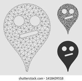 Mesh doubt smiley map marker model with triangle mosaic icon. Wire carcass polygonal network of doubt smiley map marker. Vector composition of triangle parts in different sizes and color tinges.
