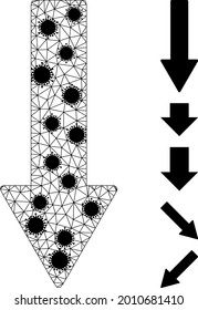 Mesh down arrow polygonal symbol vector illustration, with black infection centers. Model is based on down arrow flat icon, with infectious centers and polygonal mesh.