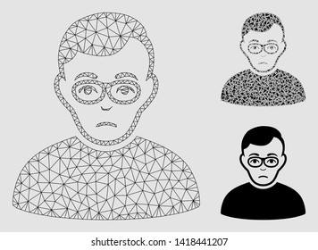 Mesh downer model with triangle mosaic icon. Wire carcass triangular mesh of downer. Vector mosaic of triangle elements in various sizes and color tinges. Abstract flat mesh downer,