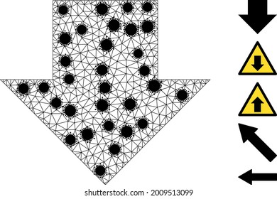 Mesh Download Pfeil polygonal 2d Vektorgrafik, mit schwarzen Covid Zentren. Das Carcass-Modell wird aus dem Download-Pfeil flach Symbol, mit covid Knoten und Dreieck-Maschen erstellt.