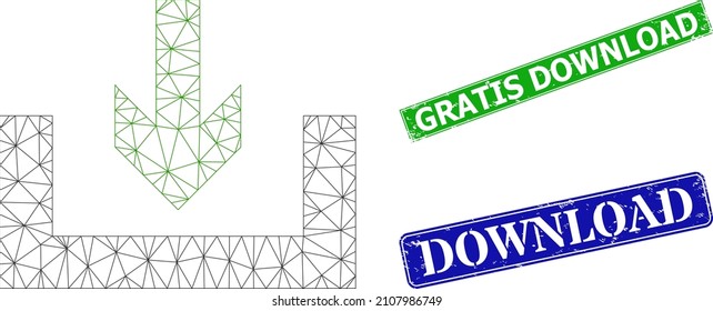 Mesh download box image, and Gratis Download blue and green rectangle dirty seals. Mesh wireframe image created from download box pictogram.