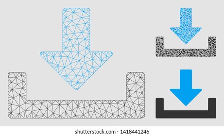 Mesh download container model with triangle mosaic icon. Wire frame polygonal mesh of download container. Vector collage of triangle parts in various sizes and color tones.