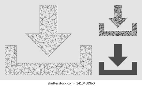 Mesh download model with triangle mosaic icon. Wire frame triangular mesh of download. Vector composition of triangle elements in various sizes and color hues. Abstract flat mesh download,