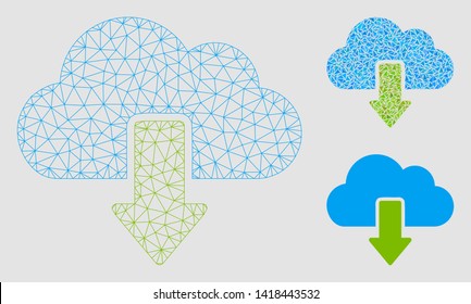 Mesh download model with triangle mosaic icon. Wire carcass polygonal mesh of download. Vector mosaic of triangle parts in variable sizes and color tones. Abstract flat mesh download,