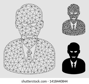 Mesh dracula model with triangle mosaic icon. Wire frame triangular mesh of dracula. Vector mosaic of triangles in different sizes and color tints. Abstract flat mesh dracula, designed with triangles.
