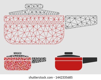 Mesh dripping pan model with triangle mosaic icon. Wire frame triangular mesh of dripping pan. Vector mosaic of triangle parts in variable sizes and color tinges. Abstract flat mesh dripping pan,