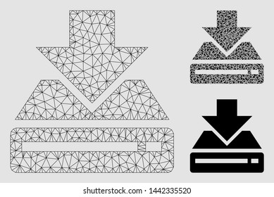 Mesh drive download model with triangle mosaic icon. Wire frame triangular mesh of drive download. Vector mosaic of triangle parts in different sizes and color tints. Abstract 2d mesh drive download,
