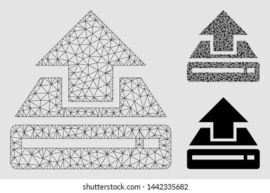Mesh drive upload model with triangle mosaic icon. Wire frame polygonal mesh of drive upload. Vector collage of triangle parts in different sizes and color shades. Abstract flat mesh drive upload,