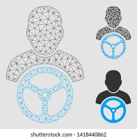 Mesh driver model with triangle mosaic icon. Wire carcass polygonal network of driver. Vector mosaic of triangle parts in various sizes and color tinges. Abstract flat mesh driver,