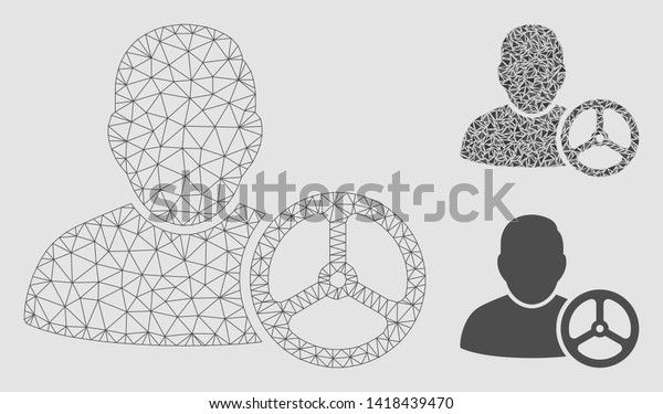 Mesh driver wheel model with triangle mosaic icon.\
Wire frame polygonal mesh of driver wheel. Vector mosaic of\
triangle parts in various sizes and color shades. Abstract 2d mesh\
driver wheel,