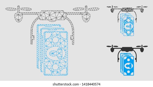 Mesh drone banknotes payment model with triangle mosaic icon. Wire carcass polygonal mesh of drone banknotes payment. Vector mosaic of triangle elements in various sizes and color tones.