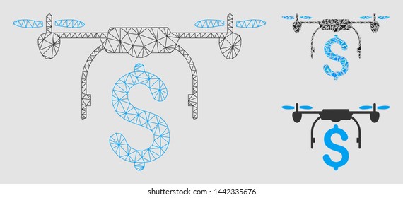 Mesh drone business model with triangle mosaic icon. Wire frame polygonal mesh of drone business. Vector mosaic of triangle elements in various sizes and color shades.