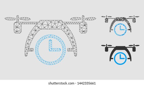 Mesh drone clock model with triangle mosaic icon. Wire frame polygonal mesh of drone clock. Vector collage of triangle elements in different sizes and color shades. Abstract flat mesh drone clock,