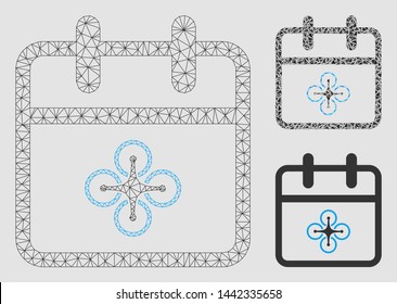Mesh drone day model with triangle mosaic icon. Wire carcass polygonal mesh of drone day. Vector mosaic of triangle elements in different sizes and color hues. Abstract 2d mesh drone day,