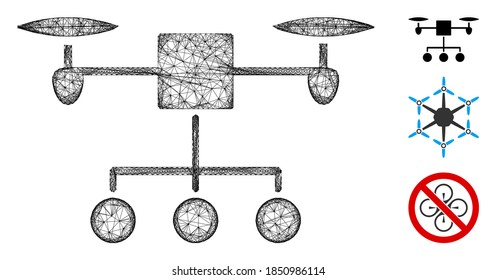 Mesh-Drohne-Verteilung polygonal Web-Symbol Vektorgrafik. Das Modell basiert auf dem flachen Symbol der Drohne-Distribution. Dreiecksnetz bildet abstraktes Drohnenverteilermodell.