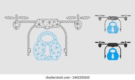 Mesh drone drop cargo model with triangle mosaic icon. Wire carcass polygonal mesh of drone drop cargo. Vector mosaic of triangle parts in various sizes and color tinges.