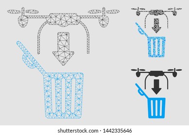 Mesh drone drop trash model with triangle mosaic icon. Wire frame triangular network of drone drop trash. Vector mosaic of triangle elements in variable sizes and color tints.