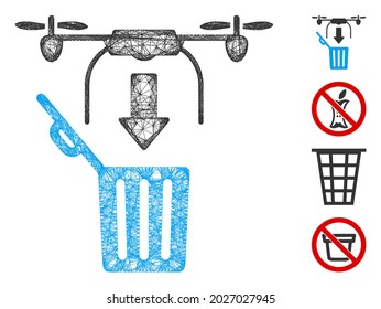 Mesh Drohnentropfen Müll Web-Symbol Vektorgrafik. Das Carcass-Modell basiert auf dem Drop-Trash-Flachsymbol. Netto Formulare abstrakte Drop Trash Flachmodell.