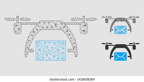 Mesh drone mail model with triangle mosaic icon. Wire frame triangular mesh of drone mail. Vector composition of triangle parts in variable sizes and color hues. Abstract flat mesh drone mail,