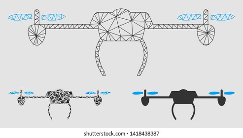 Mesh drone model with triangle mosaic icon. Wire frame triangular mesh of drone. Vector mosaic of triangle parts in variable sizes and color hues. Abstract flat mesh drone,