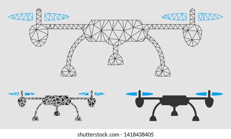 Mesh drone model with triangle mosaic icon. Wire carcass polygonal mesh of drone. Vector collage of triangle elements in variable sizes and color tints. Abstract 2d mesh drone,