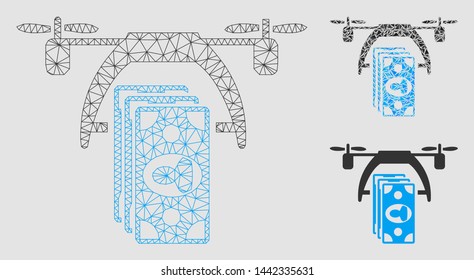Mesh drone payment model with triangle mosaic icon. Wire frame polygonal mesh of drone payment. Vector composition of triangle parts in different sizes and color tones.
