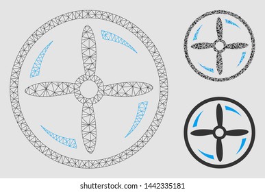 Mesh drone screw rotation model with triangle mosaic icon. Wire carcass triangular network of drone screw rotation. Vector mosaic of triangle parts in various sizes and color hues.