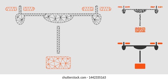 Mesh drone shipment model with triangle mosaic icon. Wire frame triangular network of drone shipment. Vector mosaic of triangle elements in different sizes and color shades.