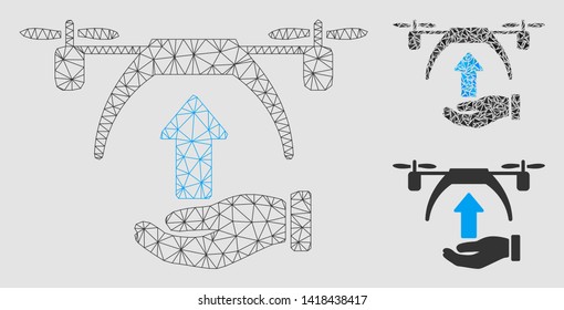 Mesh drone takeoff model with triangle mosaic icon. Wire carcass polygonal mesh of drone takeoff. Vector mosaic of triangle parts in different sizes and color shades. Abstract 2d mesh drone takeoff,