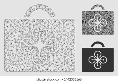 Mesh drone toolcase model with triangle mosaic icon. Wire frame polygonal mesh of drone toolcase. Vector collage of triangle elements in variable sizes and color shades.