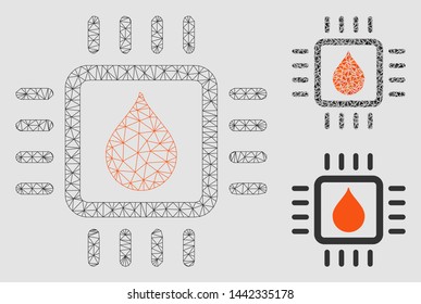 Mesh drop analysis chip model with triangle mosaic icon. Wire frame triangular mesh of drop analysis chip. Vector mosaic of triangle parts in variable sizes and color hues.