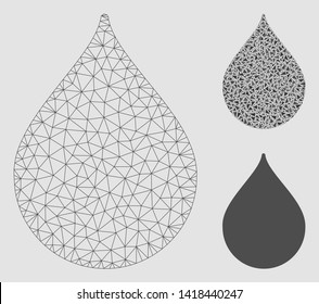 Mesh drop model with triangle mosaic icon. Wire carcass polygonal mesh of drop. Vector composition of triangles in variable sizes and color tinges. Abstract flat mesh drop, designed with triangles.