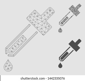Mesh dropper model with triangle mosaic icon. Wire frame polygonal mesh of dropper. Vector mosaic of triangle elements in different sizes and color tones. Abstract 2d mesh dropper,