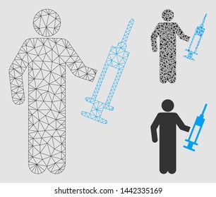 Mesh drug dealer model with triangle mosaic icon. Wire frame polygonal mesh of drug dealer. Vector composition of triangle parts in different sizes and color hues. Abstract flat mesh drug dealer,