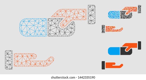 Mesh drug dealer model with triangle mosaic icon. Wire carcass polygonal mesh of drug dealer. Vector mosaic of triangle elements in variable sizes and color tints. Abstract flat mesh drug dealer,