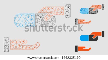 Mesh drug dealer model with triangle mosaic icon. Wire carcass polygonal mesh of drug dealer. Vector mosaic of triangle elements in variable sizes and color tints. Abstract flat mesh drug dealer,