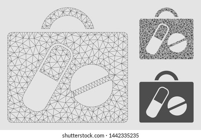 Mesh drugs case model with triangle mosaic icon. Wire carcass polygonal mesh of drugs case. Vector mosaic of triangle elements in variable sizes and color hues. Abstract flat mesh drugs case,