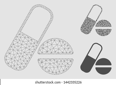 Mesh drugs model with triangle mosaic icon. Wire carcass polygonal mesh of drugs. Vector mosaic of triangle parts in different sizes and color shades. Abstract 2d mesh drugs,